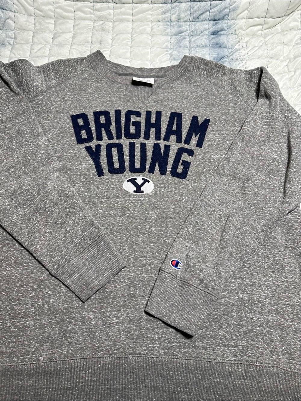 Champion Gray Crew Sweatshirt with Navy 'Brigham Young' Script